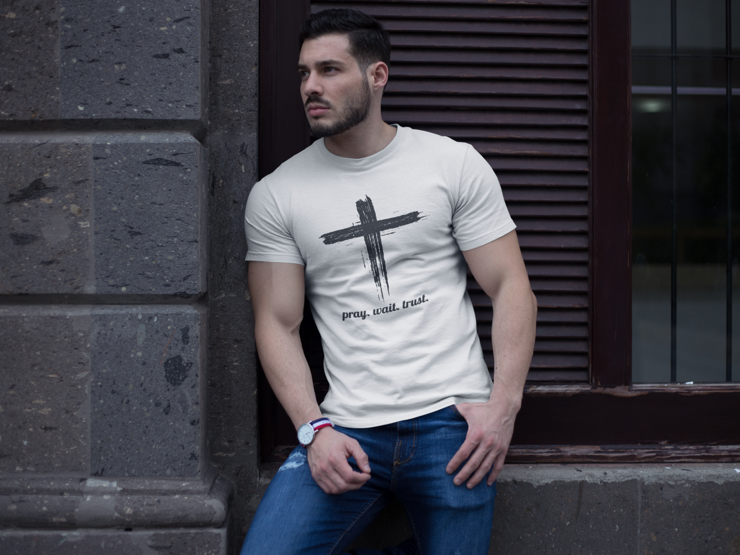 HigherBlanks Premium T-Shirt / pray. wait. trust.